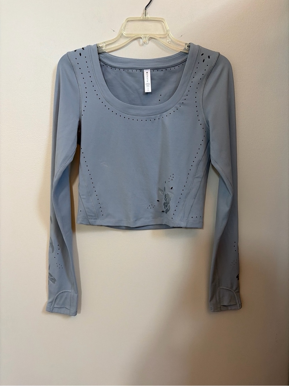 Athleta Soft Blue Long Sleeve Crop Top with Perforated Details